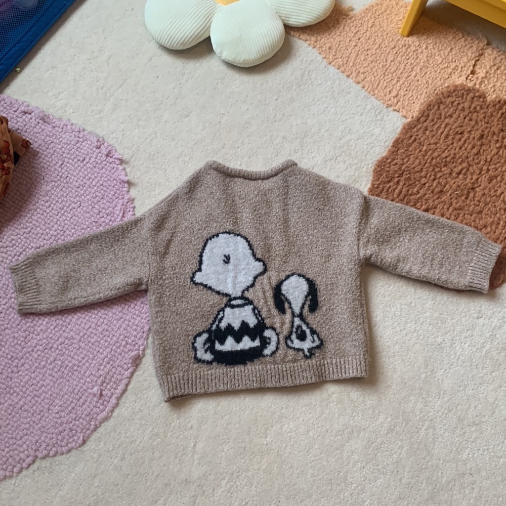 Snoopy peanuts knit brown tan cardigan sweater 18-24m